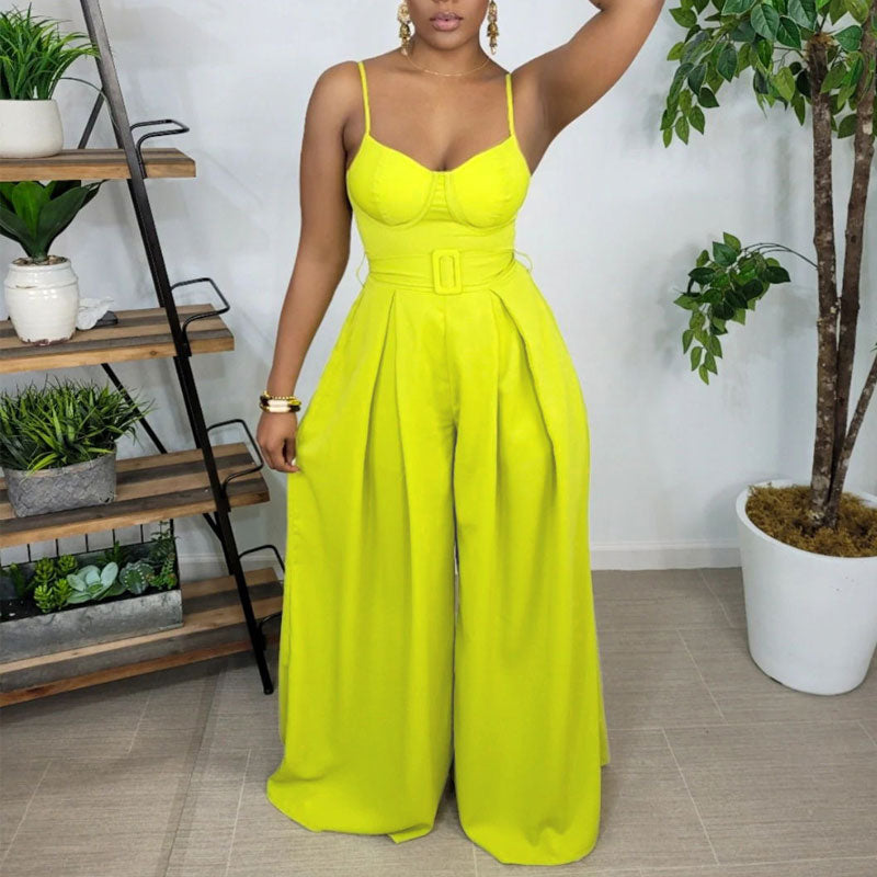 Solid Sleeveless Belted Spaghetti Strap Wide Leg Jumpsuit