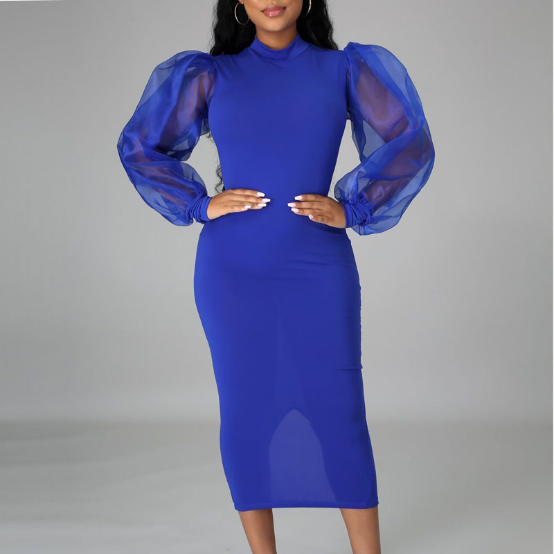 Solid Mesh Lantern Sleeve Midi Dress