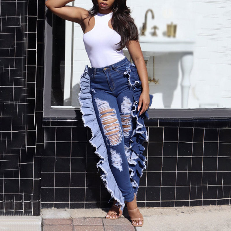 Solid High Waist Cut Out Ruffle Design Denim Pants