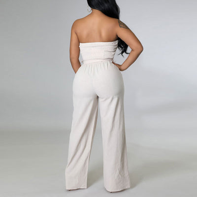 Solid Off Shoulder Belted Wide Leg Jumpsuit