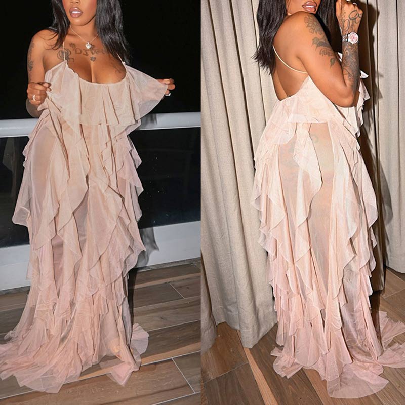 Solid Sleeveless Ruffle Design Sheer Mesh Maxi Dress