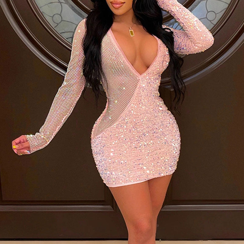 Sequins Deep V-Neck Long Sleeve Sheer Mesh Mini Dress