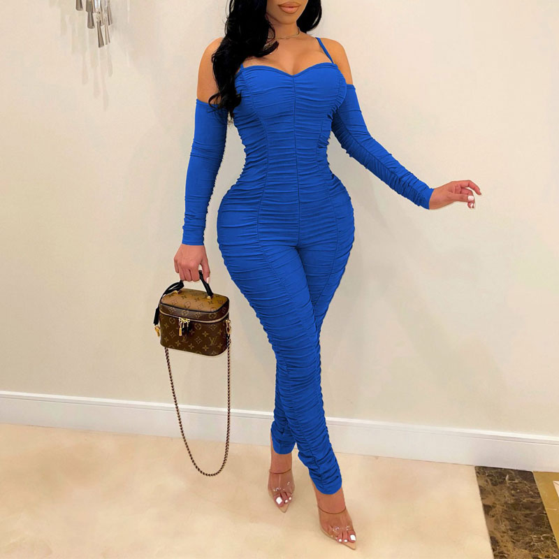 Solid Cold Shoulder Long Sleeve Ruched Jumpsuit