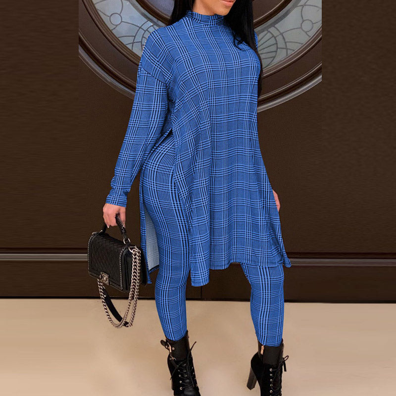 Plaid Long Sleeve High Split Top & Pants Set