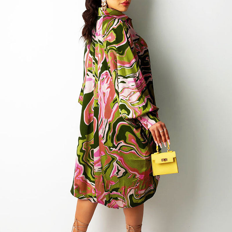 Print Long Sleeve Drawstring Casual Dress