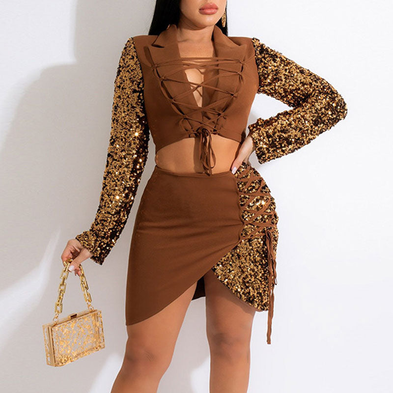 Sequins Long Sleeve Bandage Crop Top & Skirt Set