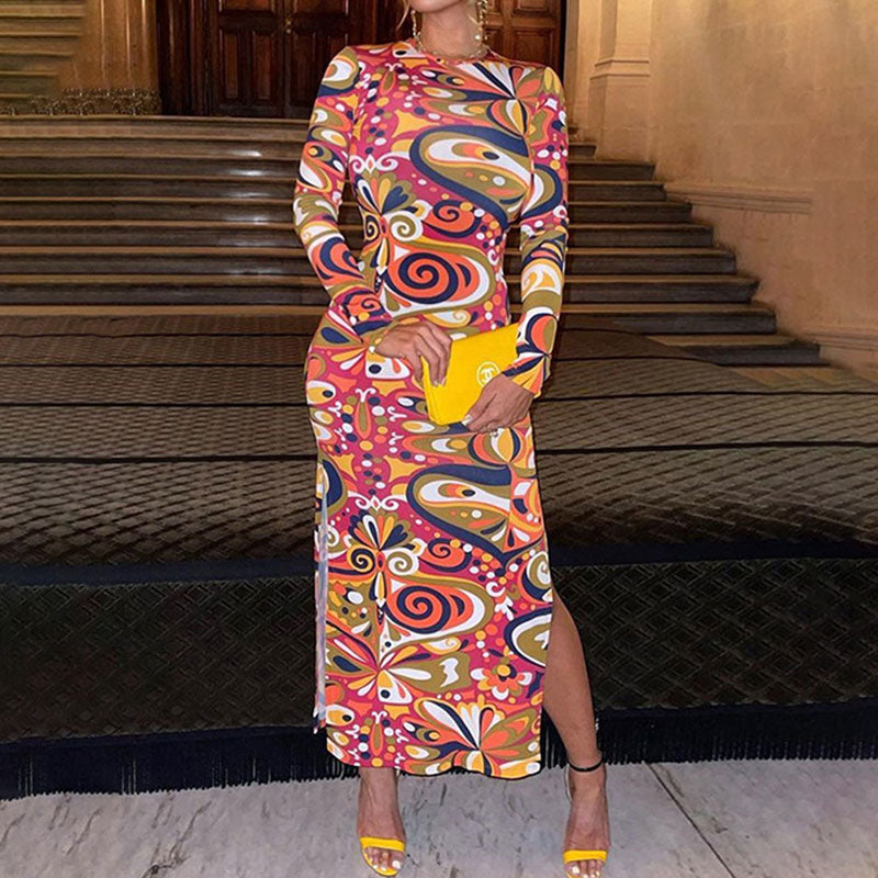 Print Long Sleeve High Slit Maxi Dress