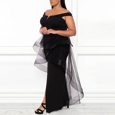 Solid Off Shoulder Sleeveless High Slit Tulle Plus Size Dress