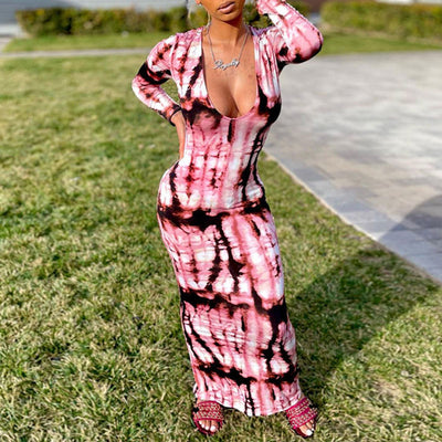 Tie Dye Print V-Neck Long Sleeve Maxi Dress