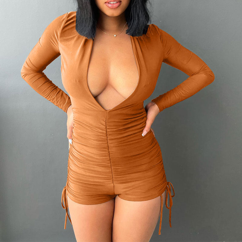 Solid Deep V-Neck Long Sleeve Ruched Drawstring Romper