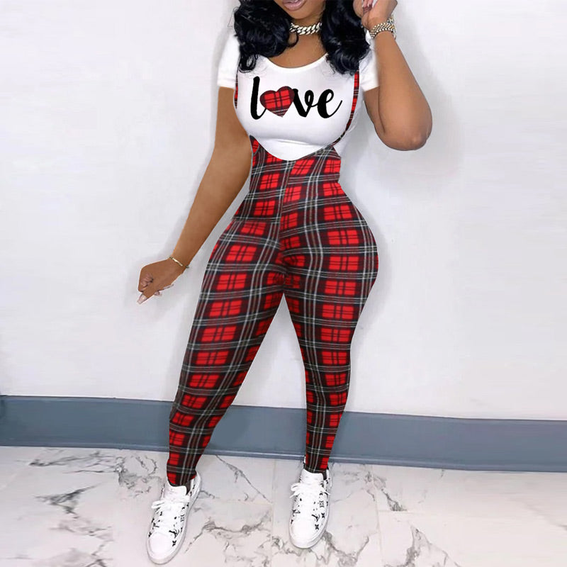 Letter Houndstooth Print Short Sleeve Top & Overalls Set