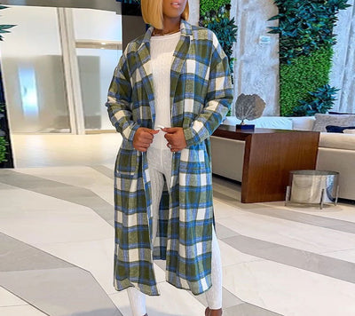 Plaid Pattern Long Sleeve Belted Long Coat