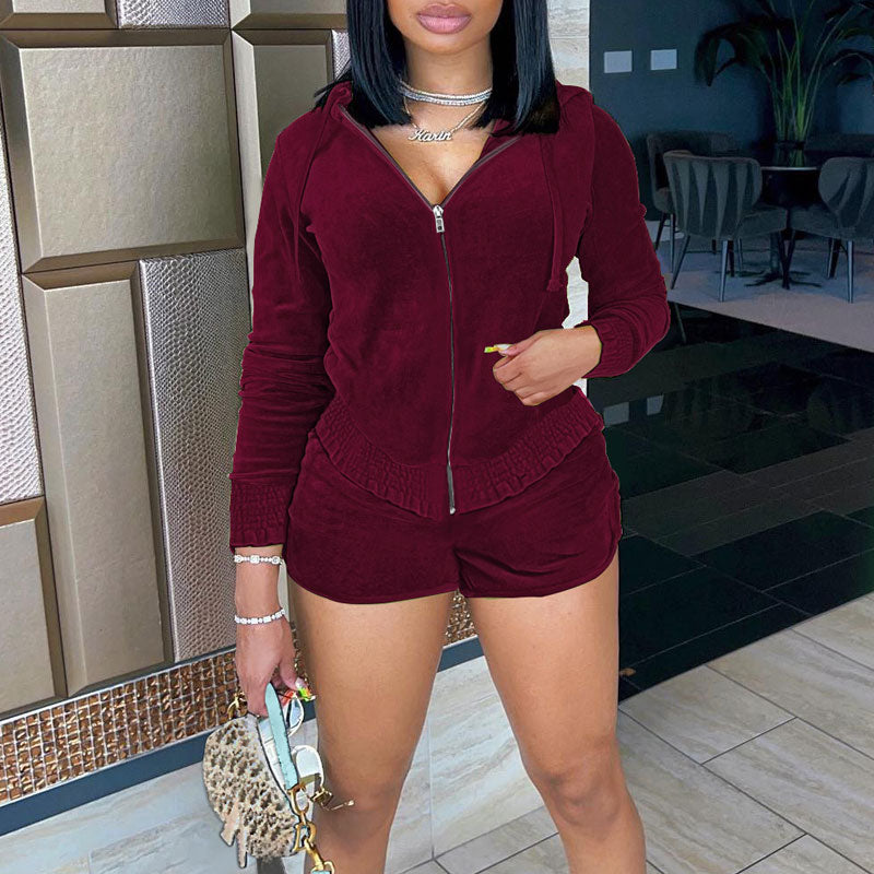 Solid Long Sleeve Hoodie Velvet Top & Shorts Set