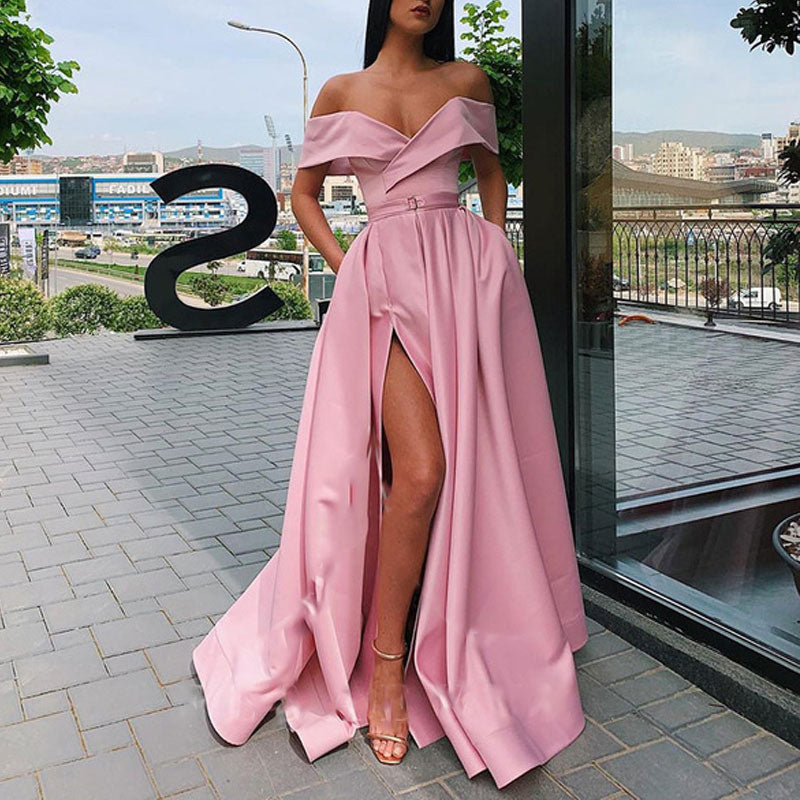 Solid One Shoulder Deep V-Neck High Slit Pleated Satin Evening Dress