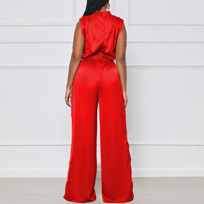 Solid Sleeveless Cowl Neck Button Detailed Slit Jumpsuit