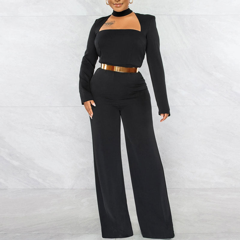 Solid Long Sleeve Cut Out Wide Leg Jumpsuit