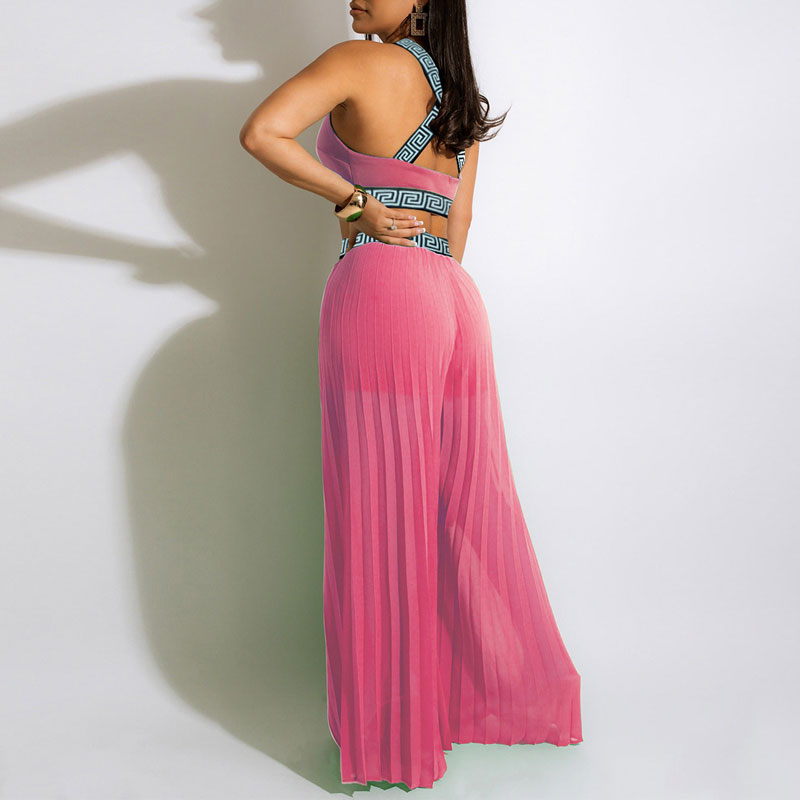 Print Sleeveless Crop Top & Wide Leg Pants Set