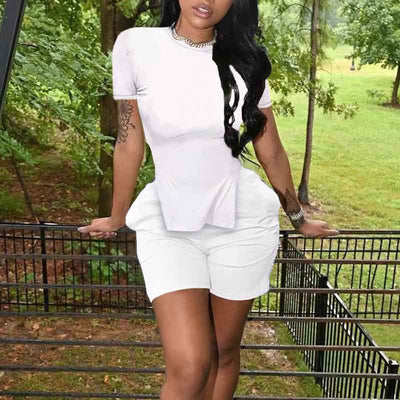 Solid Short Sleeve Slit Top & Shorts Set