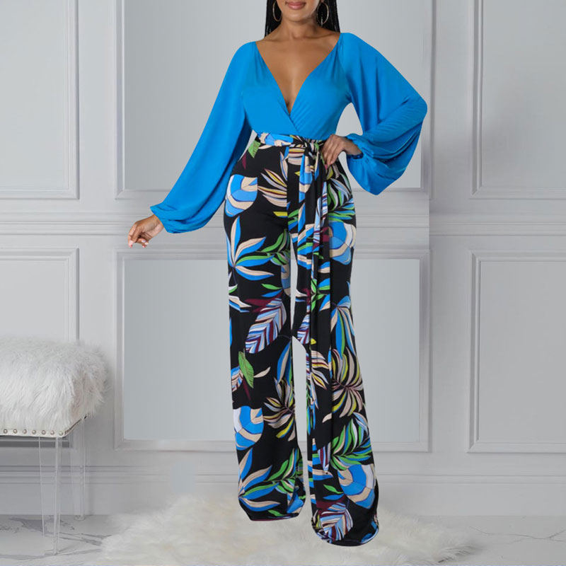 Solid Deep V-Neck Lantern Sleeve Top & Print Pants Set