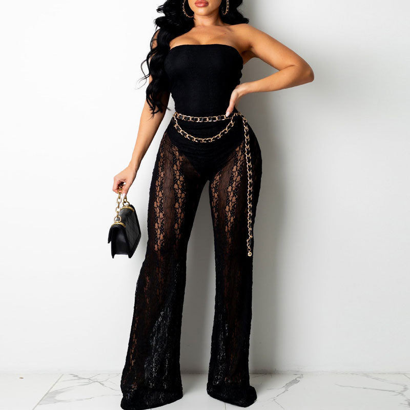 Solid Off Shoulder Lace Wide Leg Jumpsuit(Without Belt)