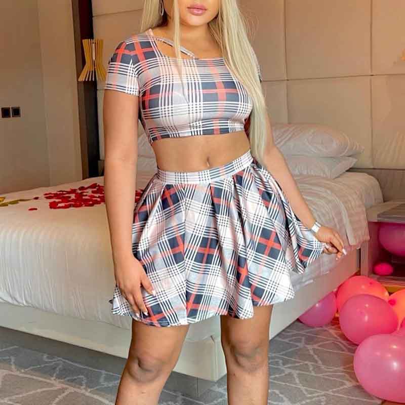 Plaid Pattern Short Sleeve Crop Top & Pleated Skirt Set