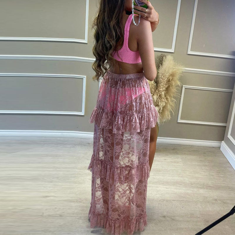 Solid High Waist Lace See Through Irregular Skirt