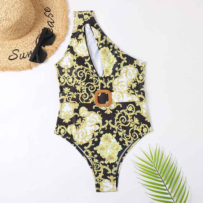 Printed One Shoulder Cut Out Belted One Piece Swimsuit