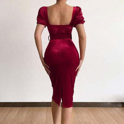 Velvet Puff Sleeve Belted Midi Dress