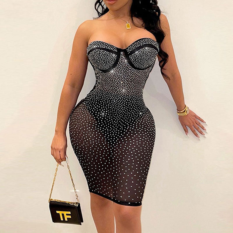 Rhinestone Off Shoulder Sheer Mesh Bandage Bodycon Dress