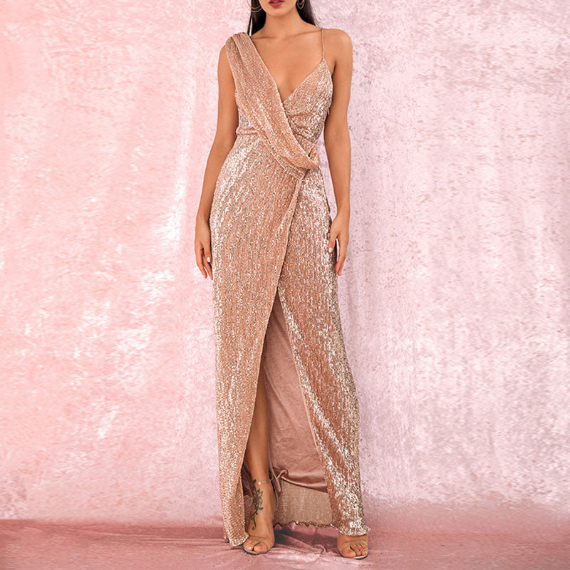 Sequins V-Neck Sleeveless High Slit Maxi Dress