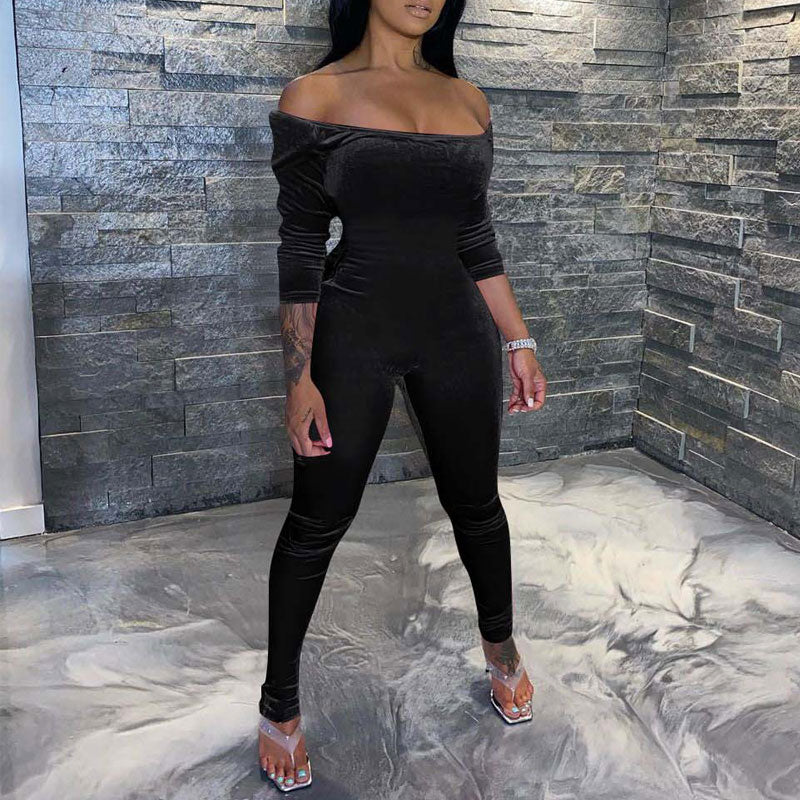 Solid Off Shoulder Long Sleeve Skinny Jumpsuit