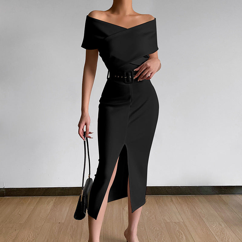 Solid Off Shoulder Slit Midi Dress