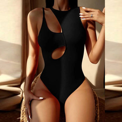 Solid Sleeveless Cut Out One Piece Swimsuit