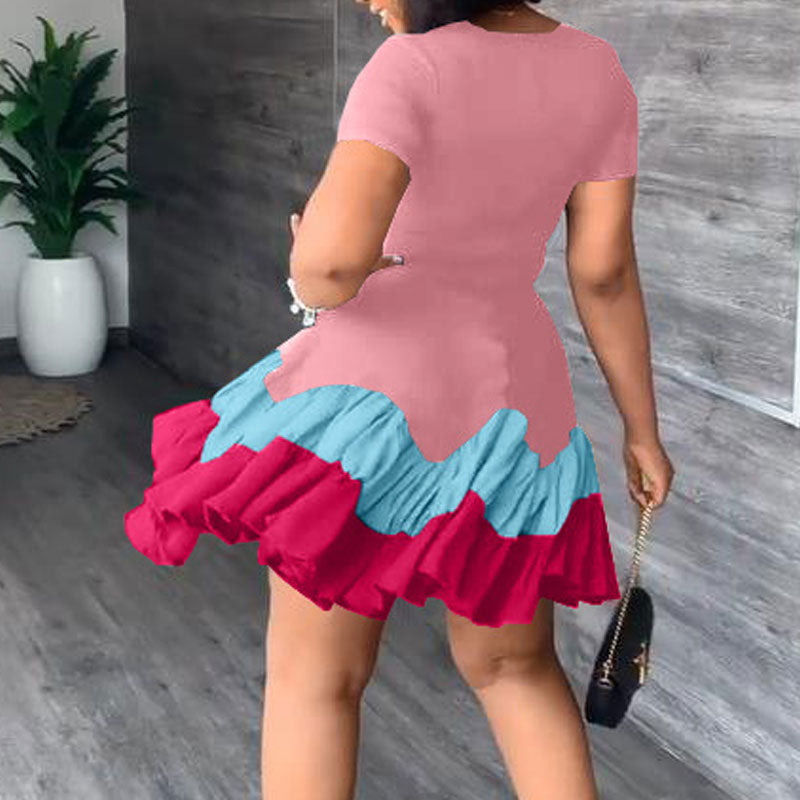 Colorblock Short Sleeve Pleated Mini Dress