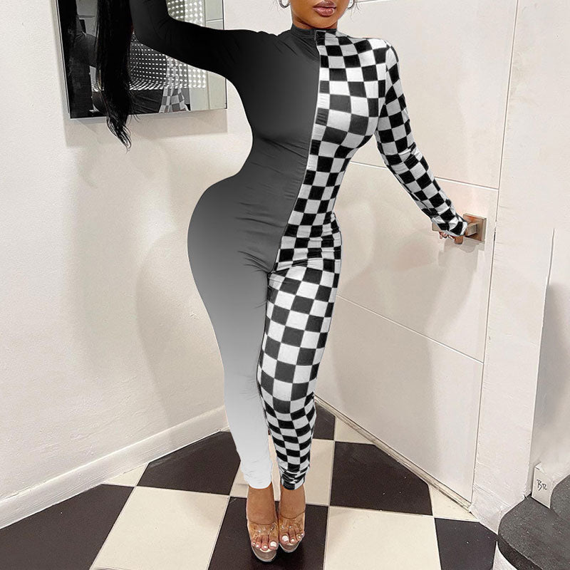 Colorblock Checkerboard Print Long Sleeve Skinny Jumpsuit