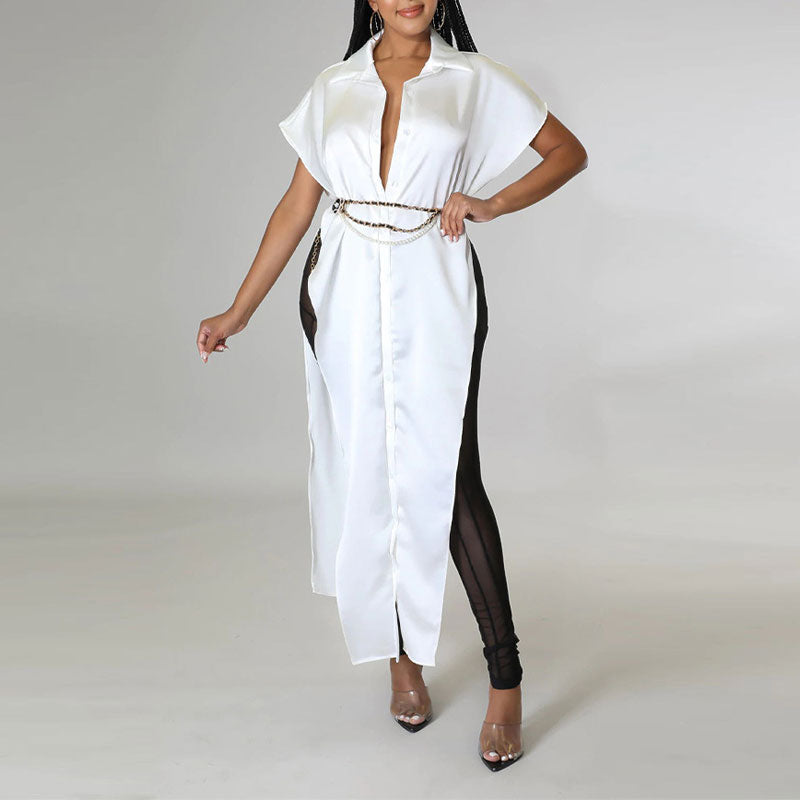 Solid Short Sleeve High Slit Button Detailed Blouse Without Belt