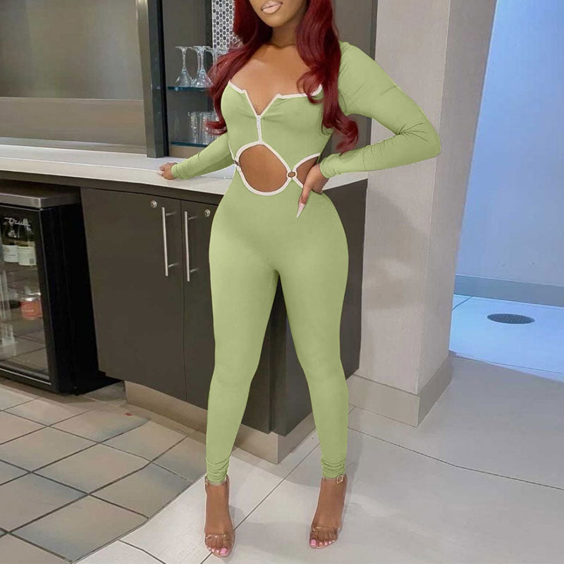 Solid Long Sleeve Cut Out Skinny Jumpsuit