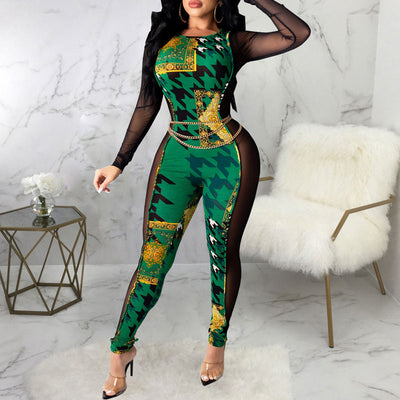 Print Long Sleeve Sheer Mesh Patchwork Jumpsuit