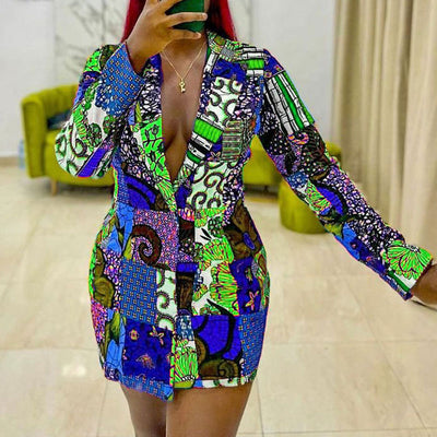 Printed Deep V-Neck Long Sleeve Blazer Dress