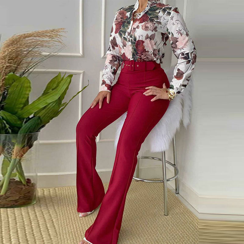 Floral Print Long Sleeve Blouse & Pants Set