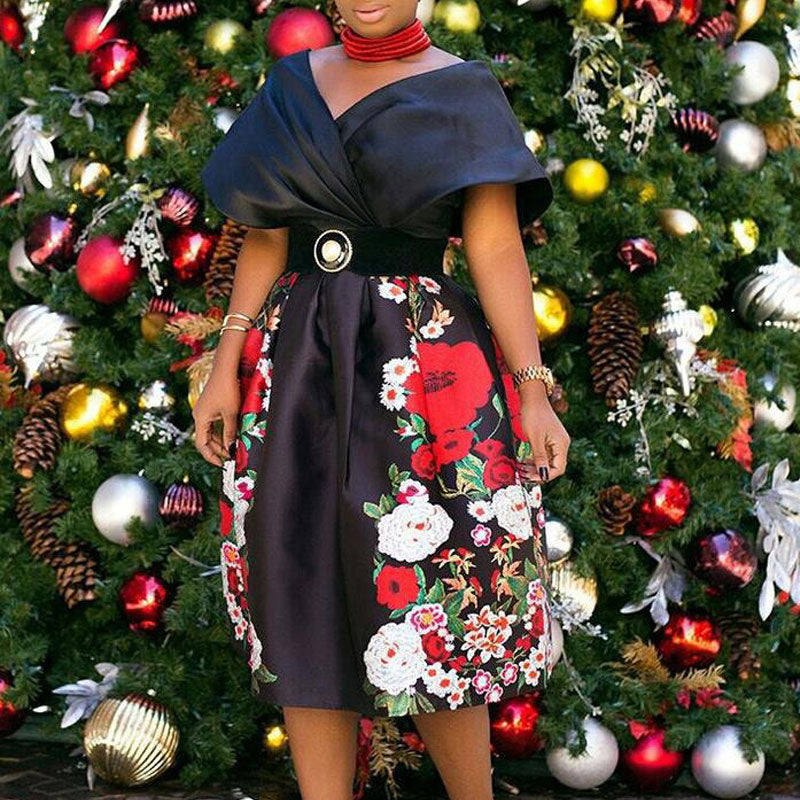 Floral Print V-Neck Loose Plus Size Midi Dress