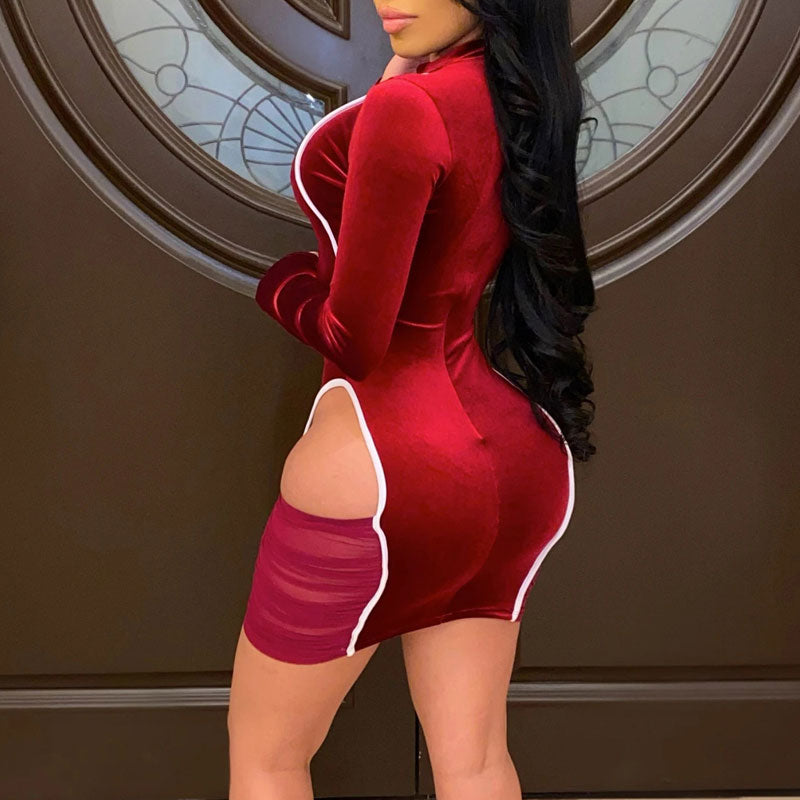 Colorblock Long Sleeve Hollow Out Bodycon Dress