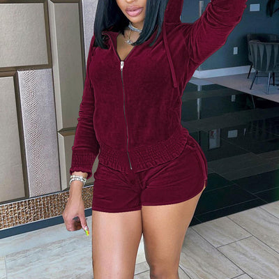 Solid Long Sleeve Hoodie Velvet Top & Shorts Set