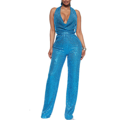 Sequins Deep V-Neck Halter Backless Jumpsuit