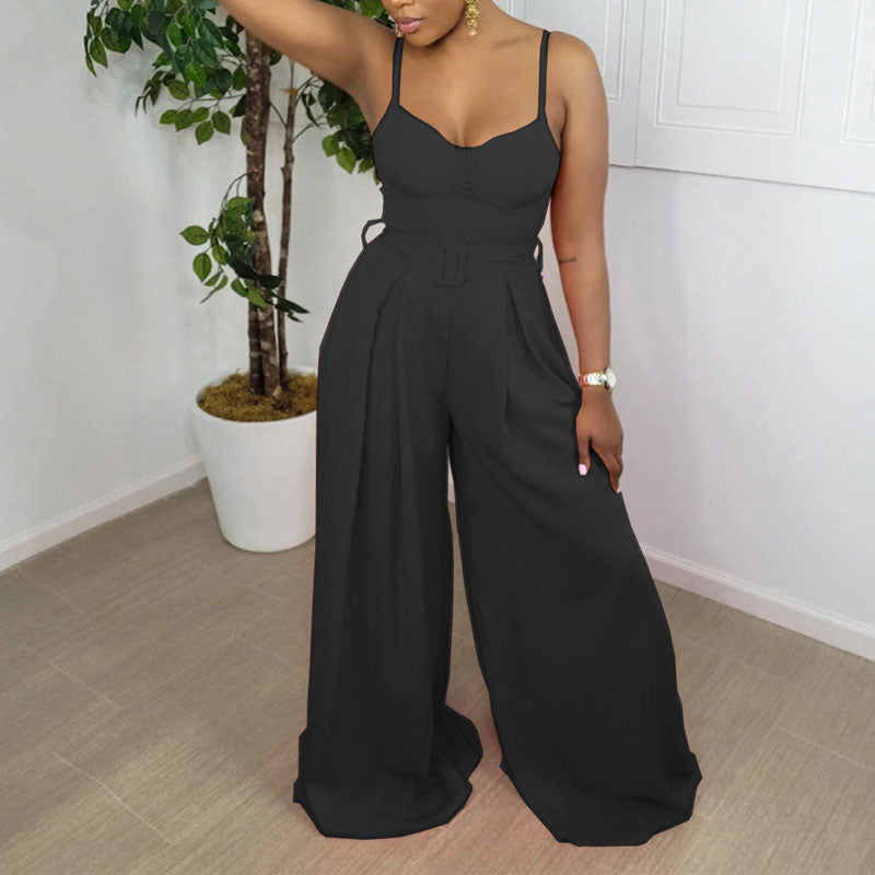 Solid Sleeveless Belted Spaghetti Strap Wide Leg Jumpsuit