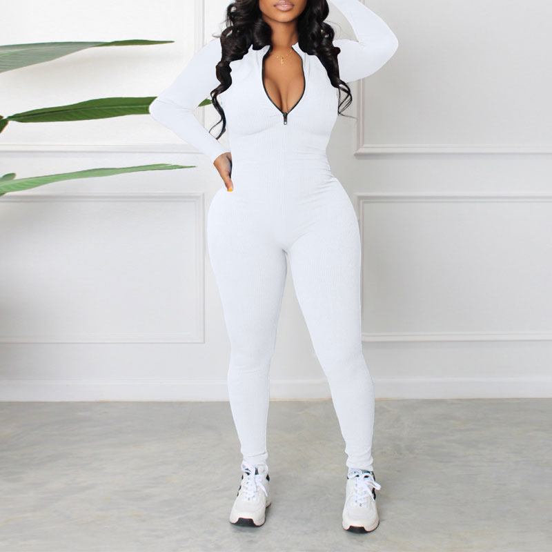 Solid Long Sleeve Zipper Design Skinny Jumpsuit