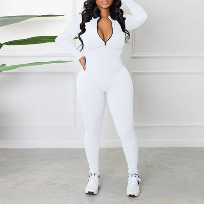 Solid Long Sleeve Zipper Design Skinny Jumpsuit