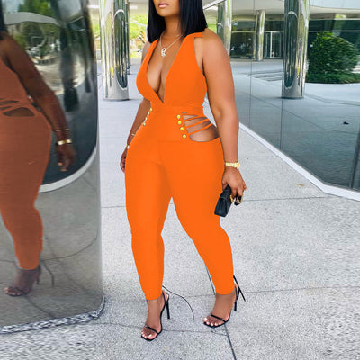 Solid Deep V-Neck Sleeveless Cut Out Jumpsuit