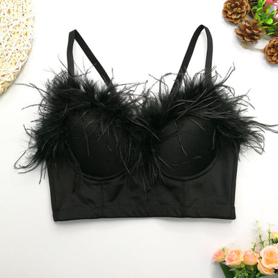 Solid Sleeveless Feather Design Spaghetti Strap Crop Top