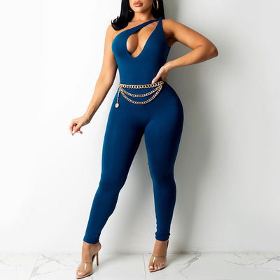 Solid Sleeveless One Shoulder Cut Out Jumpsuit